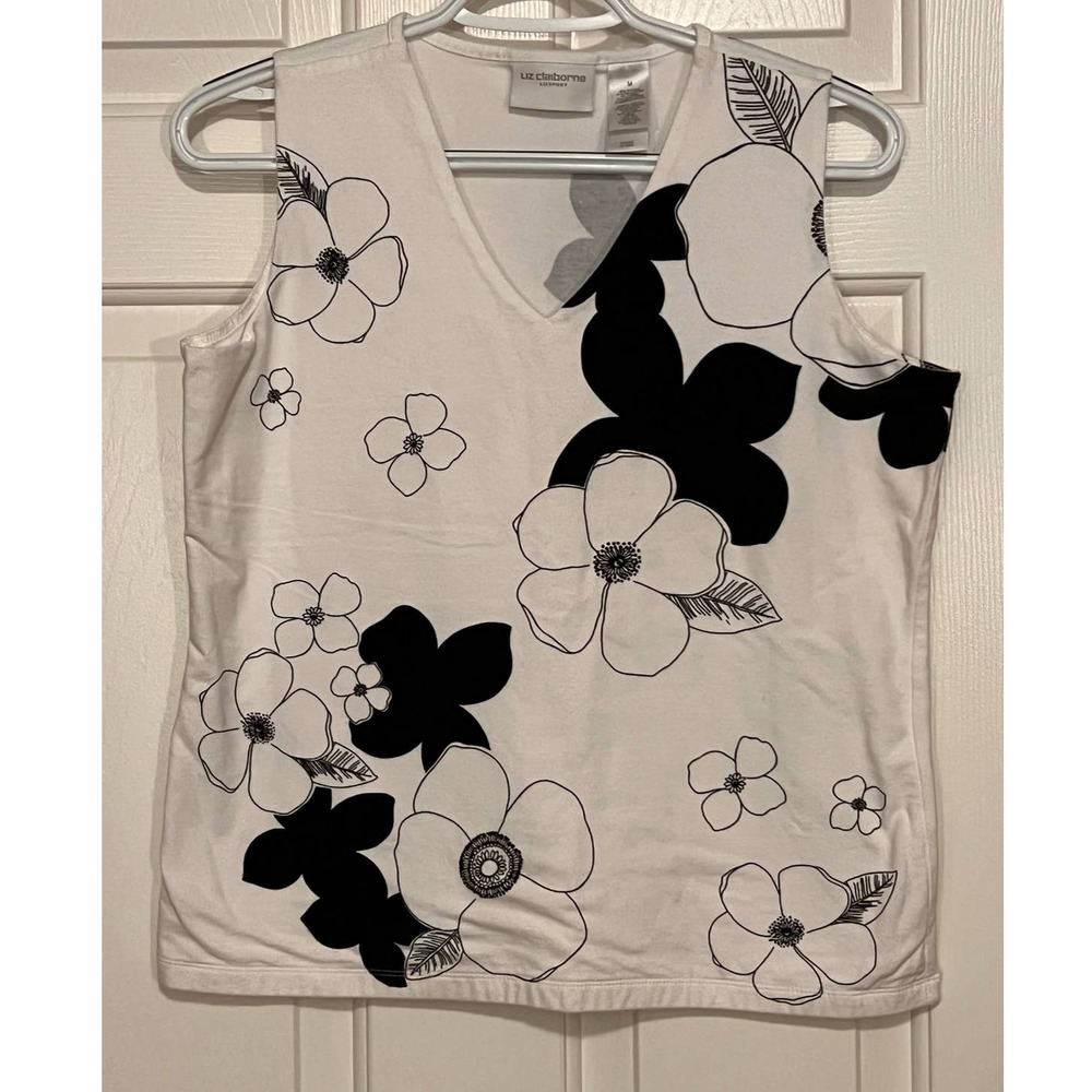 Liz Claiborne Tank White Black Floral Size M 20 1/2" Long‎ x 18 1/2" Pit to Pit